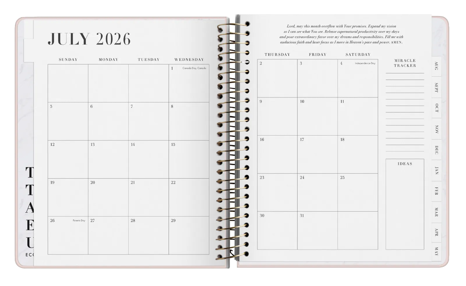 Monthly calendar and miracle tracker planner spread